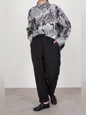 CASEY CASEY Long Chasse Pants Black Linen Wool Drawstring Straight Leg Ankle